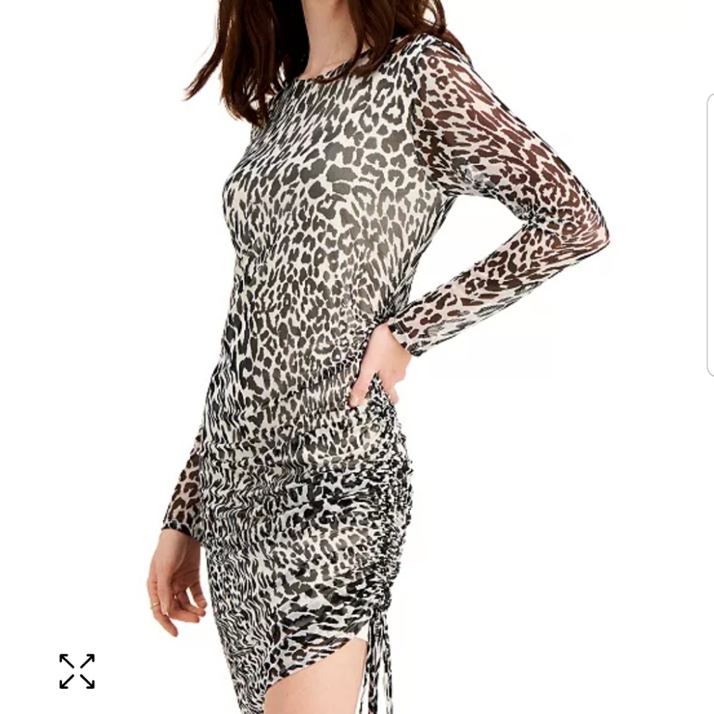 INC INTERNATIONAL CONCEPTS Leopard Print Mesh Overlay Ruched Dress - Picture 2 of 8
